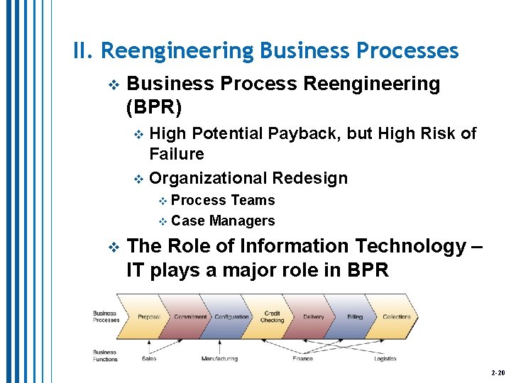 II. Reengineering Business Processes v Business Process Reengineering (BPR) High Potential Payback, but High