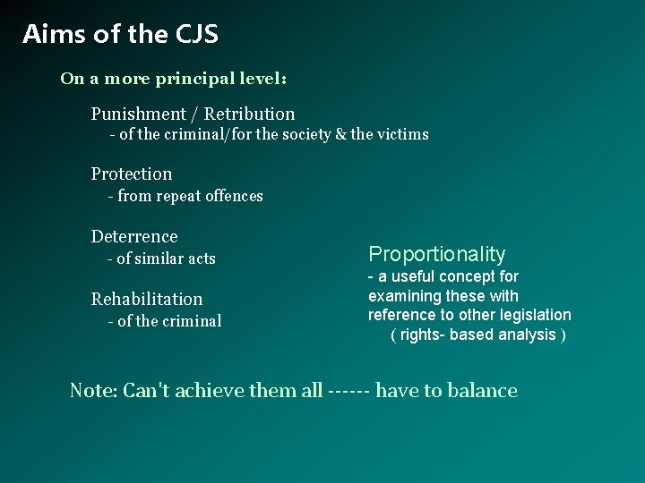 Aims of the CJS On a more principal level: Punishment / Retribution - of
