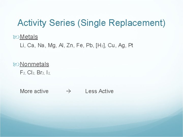 Activity Series (Single Replacement) Metals Li, Ca, Na, Mg, Al, Zn, Fe, Pb, [H