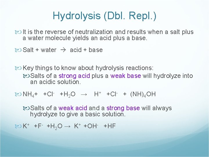 Hydrolysis (Dbl. Repl. ) It is the reverse of neutralization and results when a