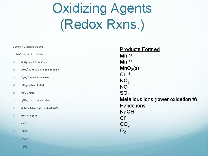Oxidizing Agents (Redox Rxns. ) Common Oxidizing Agents Mn. O 4¯ in acidic solution