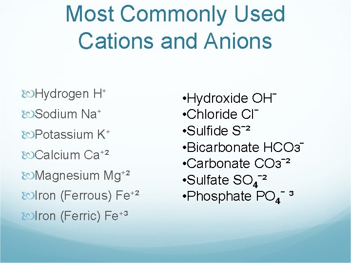 Most Commonly Used Cations and Anions Hydrogen H+ Sodium Na+ Potassium K+ Calcium Ca+²