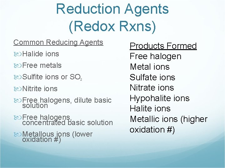 Reduction Agents (Redox Rxns) Common Reducing Agents Halide ions Free metals Sulfite ions or