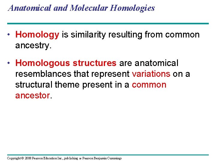 Anatomical and Molecular Homologies • Homology is similarity resulting from common ancestry. • Homologous