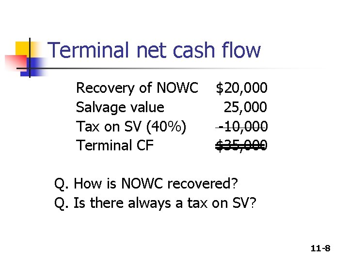 Terminal net cash flow Recovery of NOWC Salvage value Tax on SV (40%) Terminal