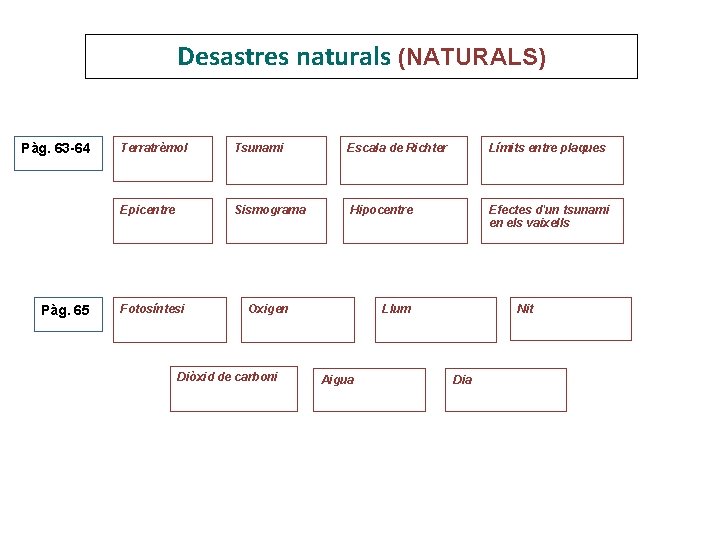 Desastres naturals (NATURALS) Pàg. 63 -64 Pàg. 65 Terratrèmol Tsunami Escala de Richter Límits Desastres naturals (NATURALS) Pàg. 63 -64 Pàg. 65 Terratrèmol Tsunami Escala de Richter Límits