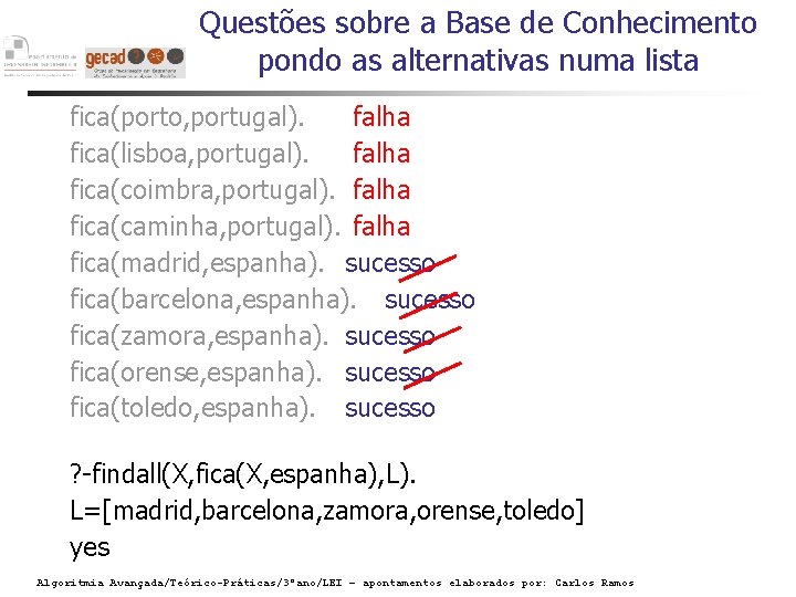 Questões sobre a Base de Conhecimento pondo as alternativas numa lista fica(porto, portugal). falha