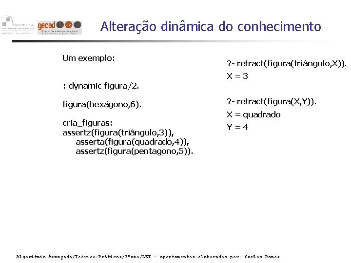 Alteração dinâmica do conhecimento Um exemplo: ? - retract(figura(triângulo, X)). X=3 : -dynamic figura/2.