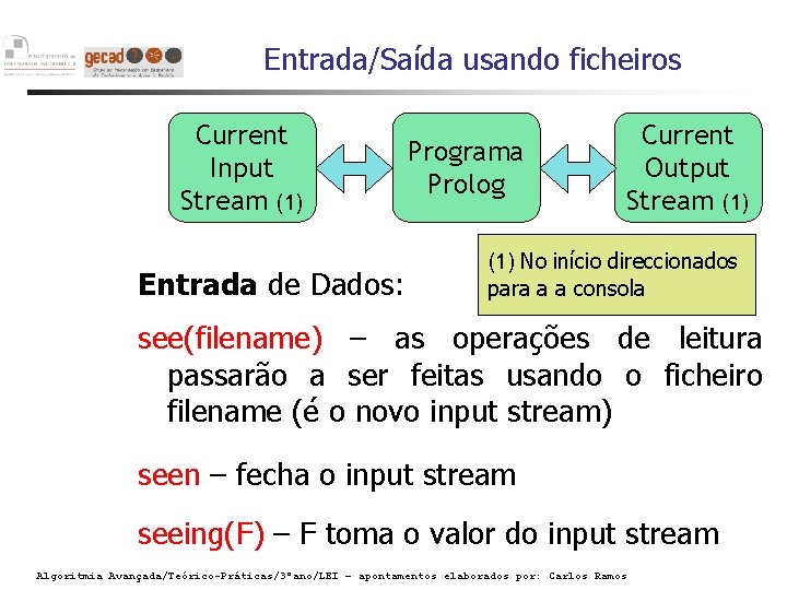 Entrada/Saída usando ficheiros Current Input Stream (1) Entrada de Dados: Programa Prolog Current Output