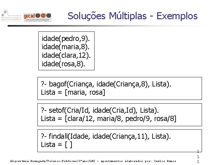 Soluções Múltiplas - Exemplos idade(pedro, 9). idade(maria, 8). idade(clara, 12). idade(rosa, 8). ? -