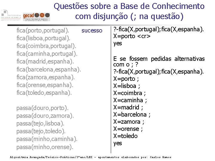 Questões sobre a Base de Conhecimento com disjunção (; na questão) fica(porto, portugal). sucesso