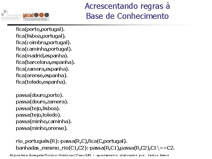 Acrescentando regras à Base de Conhecimento fica(porto, portugal). fica(lisboa, portugal). fica(coimbra, portugal). fica(caminha, portugal).