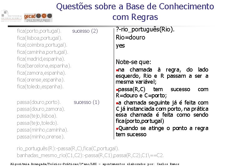 Questões sobre a Base de Conhecimento com Regras fica(porto, portugal). sucesso (2) fica(lisboa, portugal).