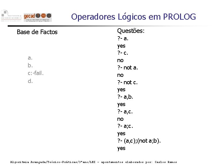 Operadores Lógicos em PROLOG Base de Factos a. b. c: -fail. d. Questões: ?