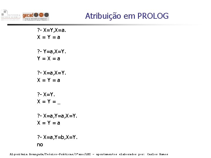 Atribuição em PROLOG ? - X=Y, X=a. X=Y=a ? - Y=a, X=Y. Y=X=a ?