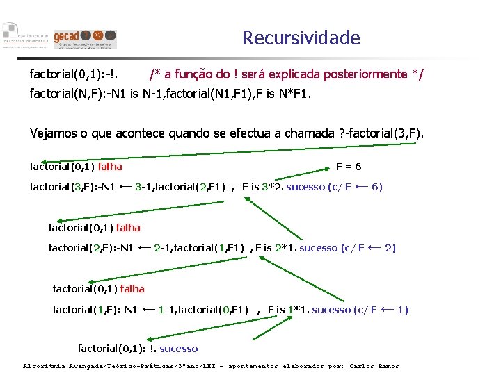 Recursividade factorial(0, 1): -!. /* a função do ! será explicada posteriormente */ factorial(N,