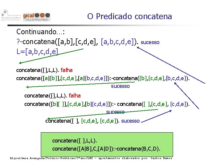 O Predicado concatena Continuando…: ? -concatena([a, b], [c, d, e], [a, b, c, d,