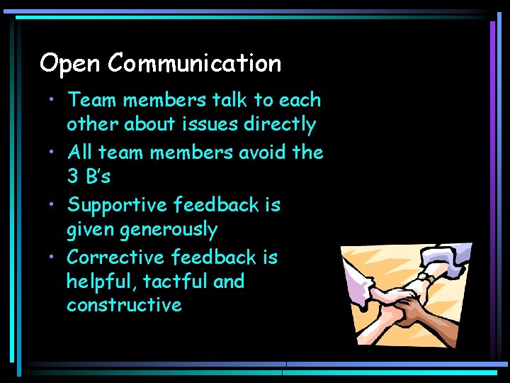Open Communication • Team members talk to each other about issues directly • All