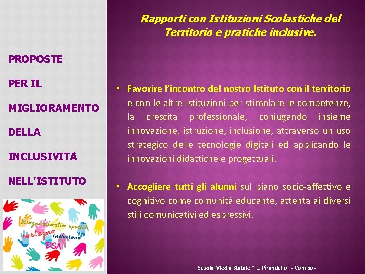 Rapporti con Istituzioni Scolastiche del Territorio e pratiche inclusive. PROPOSTE PER IL MIGLIORAMENTO DELLA Rapporti con Istituzioni Scolastiche del Territorio e pratiche inclusive. PROPOSTE PER IL MIGLIORAMENTO DELLA
