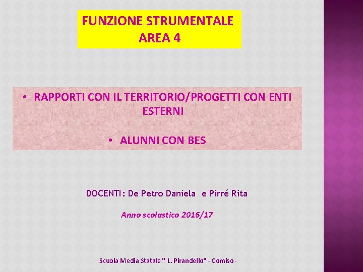 FUNZIONE STRUMENTALE AREA 4 • RAPPORTI CON IL TERRITORIO/PROGETTI CON ENTI ESTERNI • ALUNNI FUNZIONE STRUMENTALE AREA 4 • RAPPORTI CON IL TERRITORIO/PROGETTI CON ENTI ESTERNI • ALUNNI