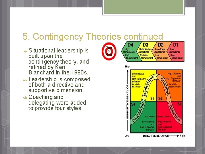 5. Contingency Theories continued Situational leadership is built upon the contingency theory, and refined