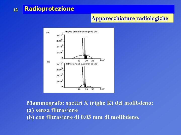 12 Radioprotezione Apparecchiature radiologiche Mammografo: spettri X (righe K) del molibdeno: (a) senza filtrazione