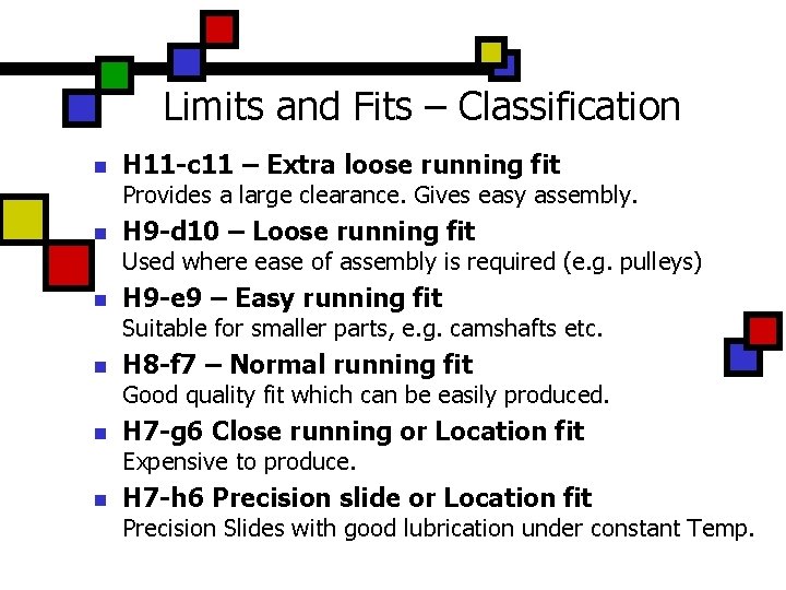 Limits and Fits – Classification n H 11 -c 11 – Extra loose running Limits and Fits – Classification n H 11 -c 11 – Extra loose running