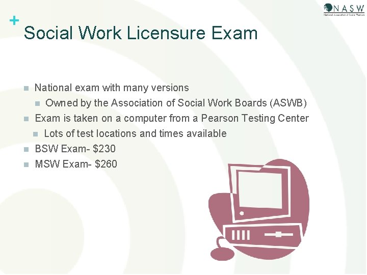 + Social Work Licensure Exam n National exam with many versions n Owned by