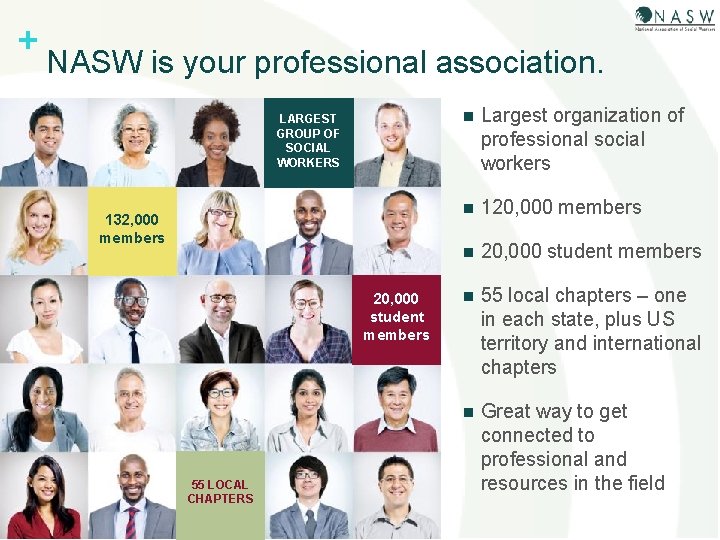 + NASW is your professional association. LARGEST GROUP OF SOCIAL WORKERS 132, 000 members