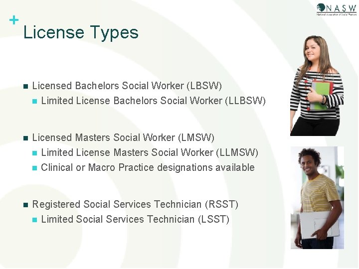 + License Types n Licensed Bachelors Social Worker (LBSW) n Limited License Bachelors Social
