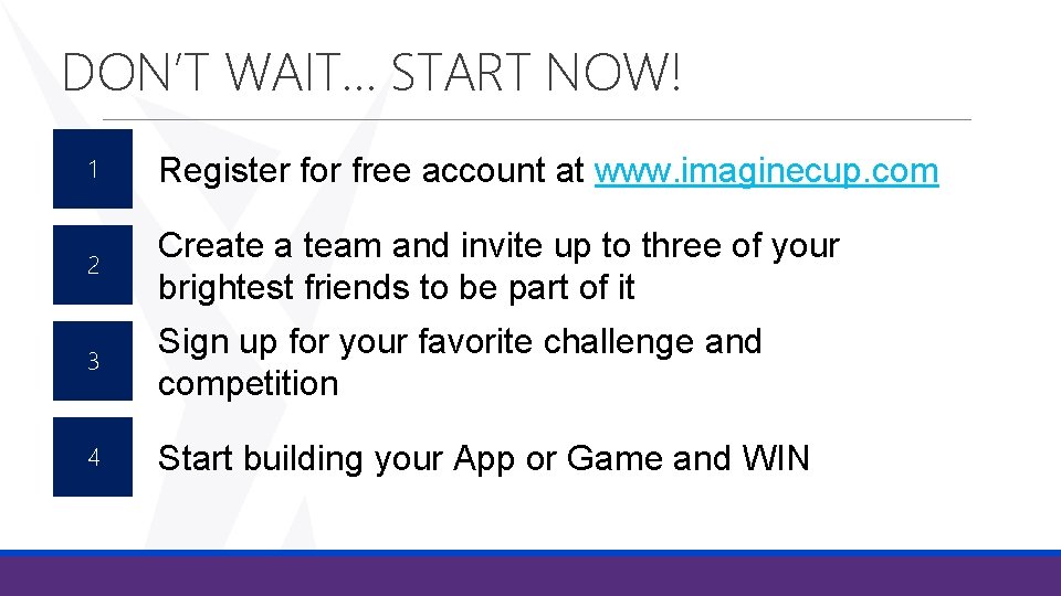 DON’T WAIT… START NOW! 1 Register for free account at www. imaginecup. com 2