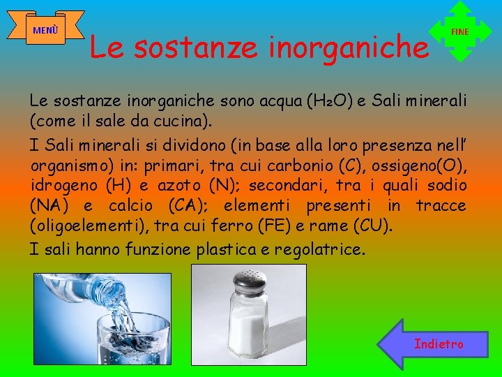 MENÙ Le sostanze inorganiche FINE Le sostanze inorganiche sono acqua (H₂O) e Sali minerali