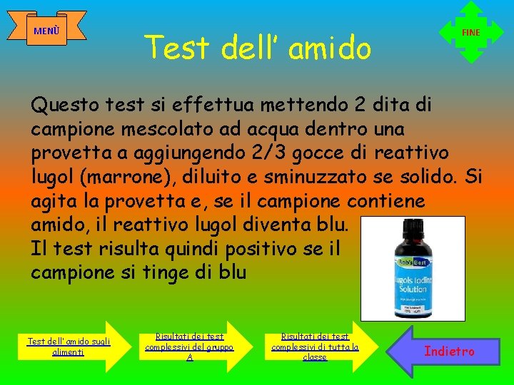 MENÙ Test dell’ amido FINE Questo test si effettua mettendo 2 dita di campione