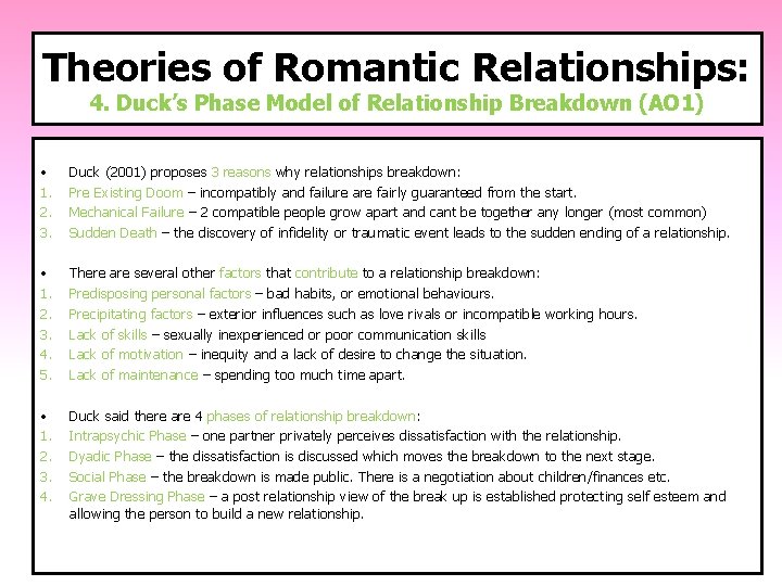 Theories of Romantic Relationships: 4. Duck’s Phase Model of Relationship Breakdown (AO 1) •