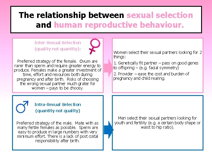 The relationship between sexual selection and human reproductive behaviour. Inter-Sexual Selection (quality not quantity):