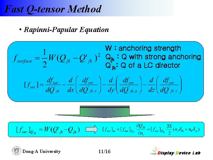 Fast Q-tensor Method • Rapinni-Papular Equation W : anchoring strength Qjk : Q with