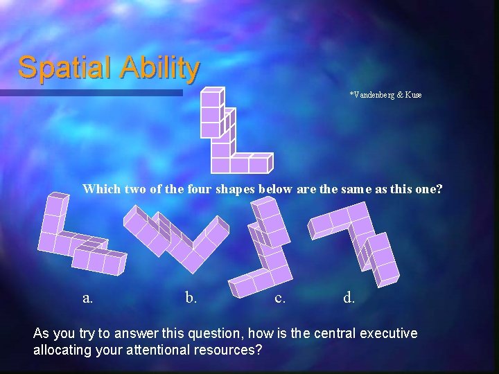 Spatial Ability *Vandenberg & Kuse Which two of the four shapes below are the