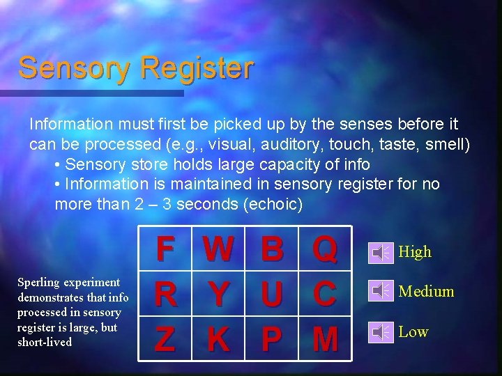 Sensory Register Information must first be picked up by the senses before it can Sensory Register Information must first be picked up by the senses before it can