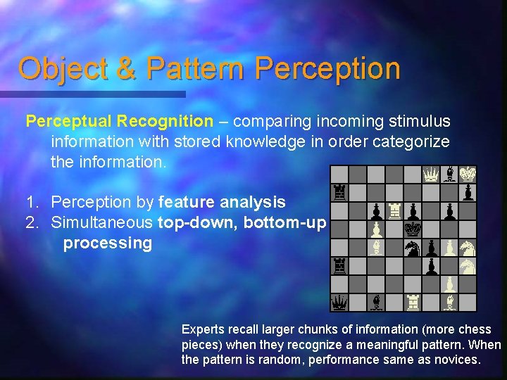 Object & Pattern Perception Perceptual Recognition – comparing incoming stimulus information with stored knowledge Object & Pattern Perception Perceptual Recognition – comparing incoming stimulus information with stored knowledge