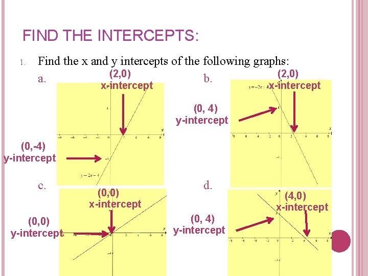 FIND THE INTERCEPTS: 1. Find the x and y intercepts of the following graphs: