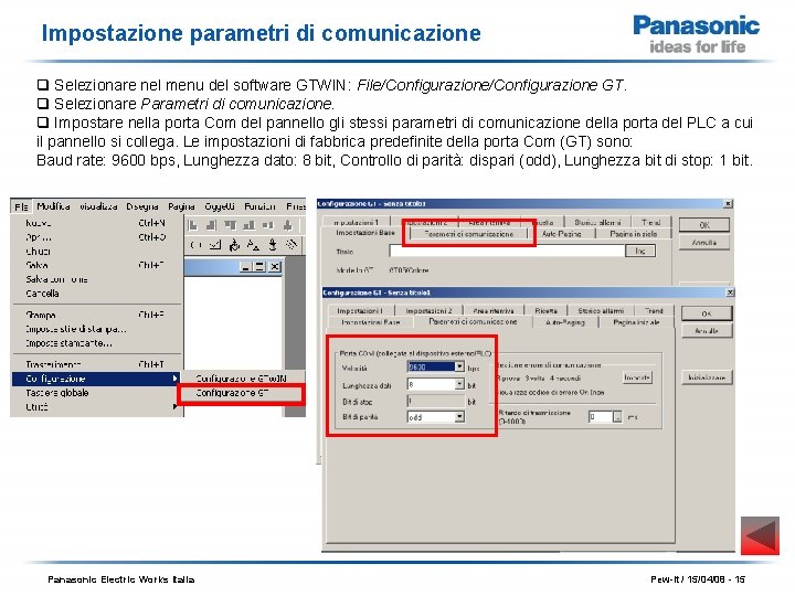 Impostazione parametri di comunicazione q Selezionare nel menu del software GTWIN: File/Configurazione GT. q