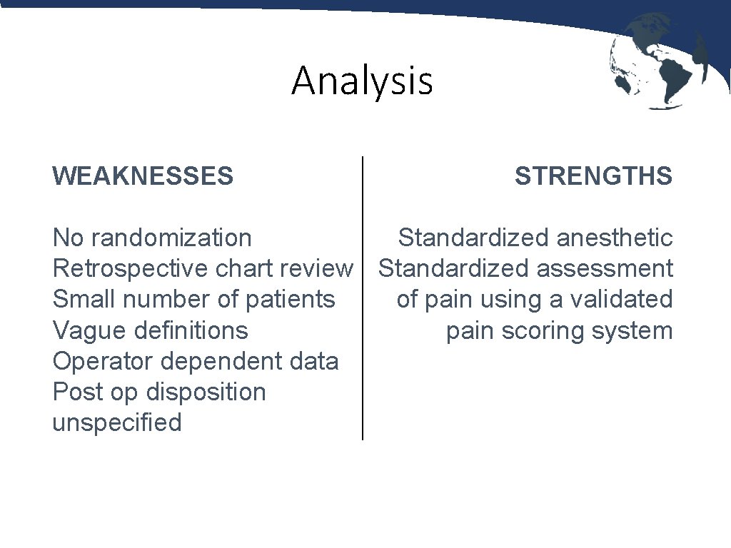 Analysis WEAKNESSES STRENGTHS No randomization Standardized anesthetic Retrospective chart review Standardized assessment Small number