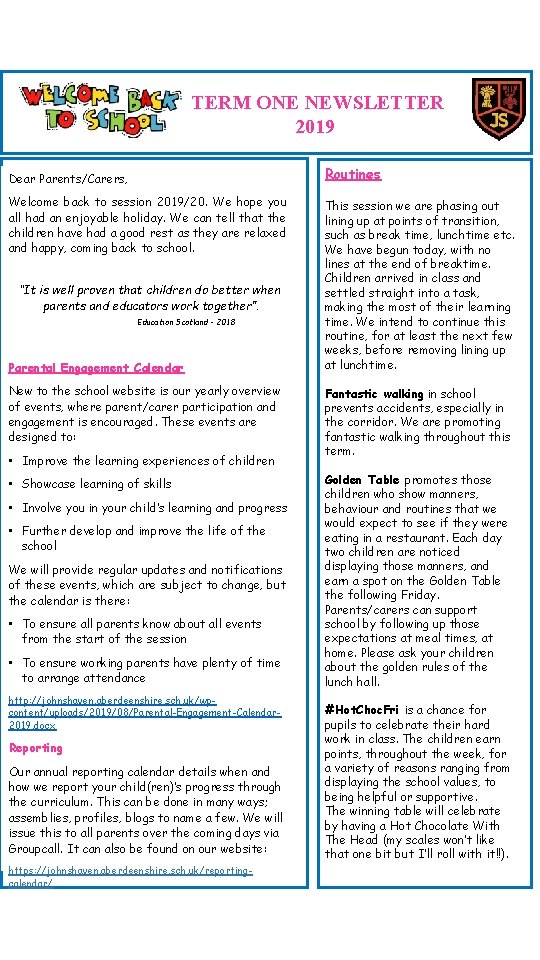 TERM ONE NEWSLETTER 2019 Routines Dear Parents/Carers, Welcome back to session 2019/20. We hope