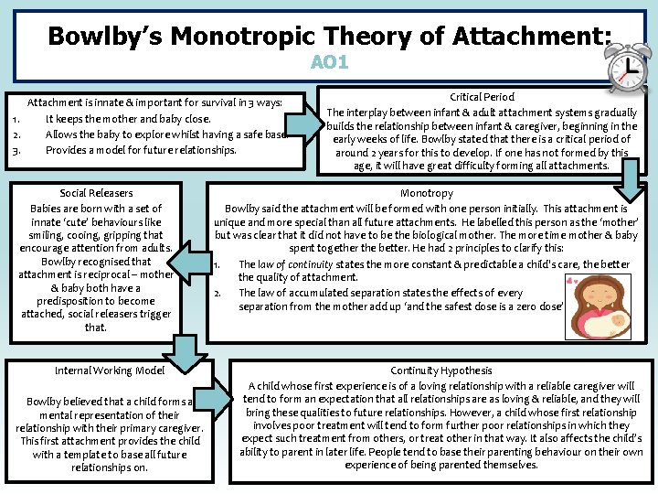 Bowlby’s Monotropic Theory of Attachment: AO 1 Attachment is innate & important for survival
