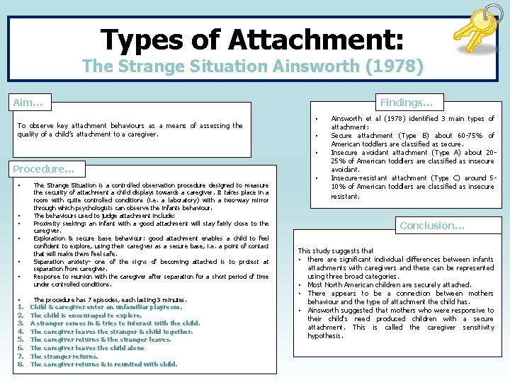 Types of Attachment: The Strange Situation Ainsworth (1978) Aim… To observe key attachment behaviours