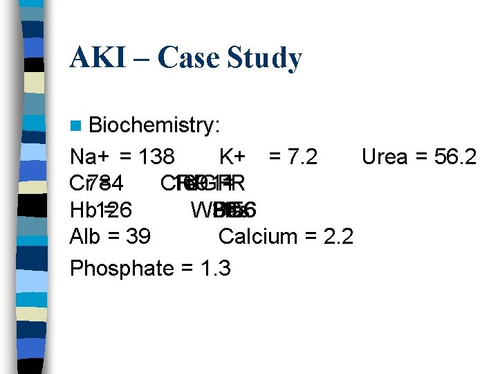 AKI – Case Study n Biochemistry: Na+ = 138 K+ = 7. 2 Urea