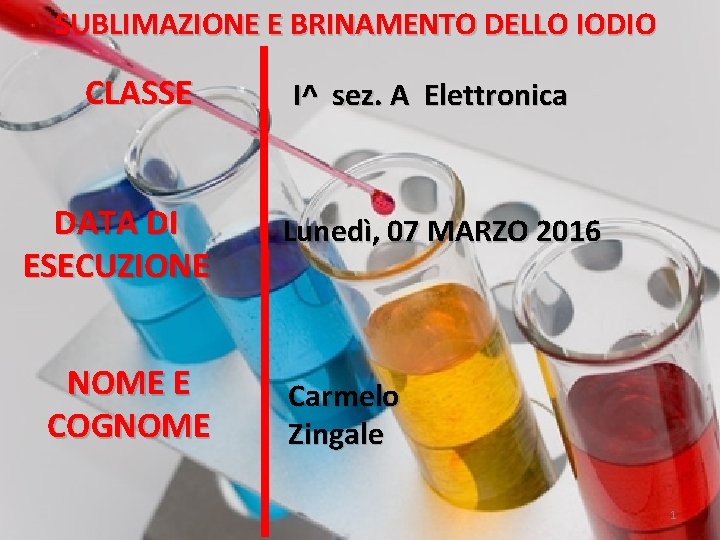 SUBLIMAZIONE E BRINAMENTO DELLO IODIO CLASSE DATA DI ESECUZIONE NOME E COGNOME I^ sez.