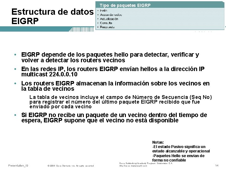 Estructura de datos EIGRP Tipo de paquetes EIGRP • EIGRP depende de los paquetes