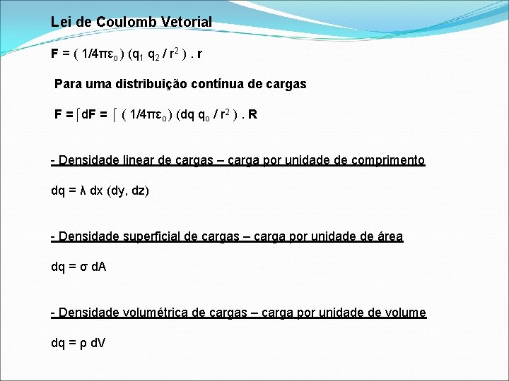 Lei de Coulomb Vetorial F = ( 1/4πεo ) (q 1 q 2 /