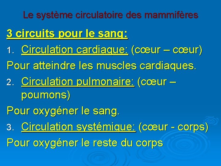 Le système circulatoire des mammifères 3 circuits pour le sang: 1. Circulation cardiaque: (cœur